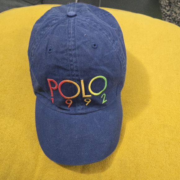 RARE Polo Ralph Lauren 1992 Stadium Rainbow Hat - Blue Chino Leather Strap